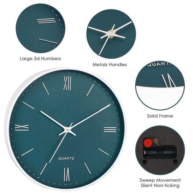 UmI. Umi 12 Inches Non Ticking Silent Quartz Round Designer Plastic Bold Number Wall Clock for Home Kitchen Bedroom Hall Living Room Office Roman Number_Green - Image 2