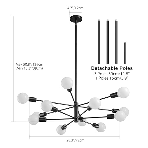 RUIYEY Modern Sputnik Chandeliers Light, 12-Light Black Chandeliers for Dining Room, E26 Height Adjustable Chandelier Ceiling Lighting Fixture for Farmhouse Kitchen Island Living Room Foyer - Image 2
