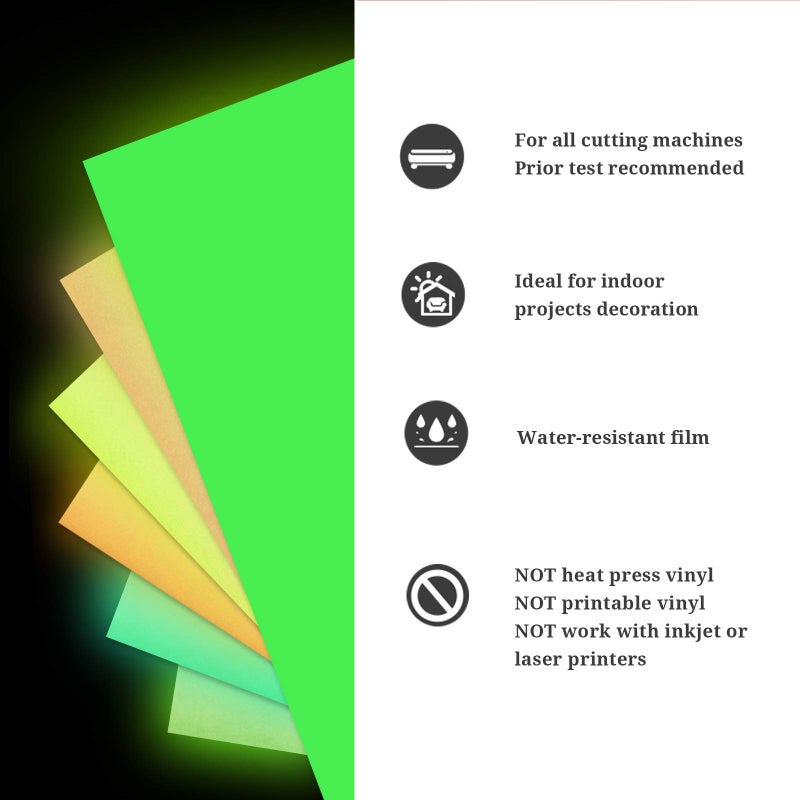 TECKWRAP Glow in Dark Matte Neon Adhesive Craft Vinyl Precut Sheets 12" x 12" 6 Sheets/Pack for Craft Cutters,Sign Plotters - Image 2