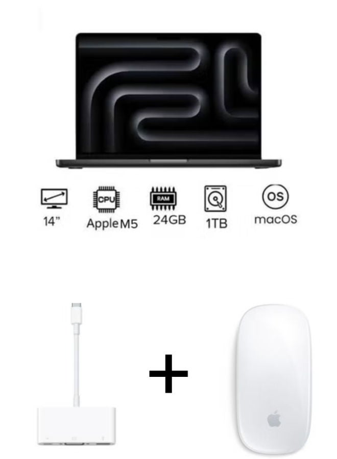 Apple MacBook Pro MDE34 Laptop with 14 Inch Full HD / M5 chip with 10-core CPU, 10-core GPU / 24 Gigabyte / 1 Terabyte SSD / Integrated Graphics Card / English/Arabic Keyboard with Apple USB-C VGA Multiport Adapter and apple Magic Mouse (USB-C Port) - White Multi-Touch Surface (2024) - Official Stock English/Arabic Space Black - Image 1