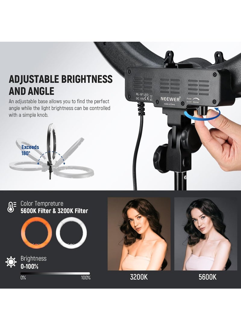 FARROBIZZ Ring Light Kit: 18"/45cm Outer 55W 5600K Dimmable LED Ring Light, Light Stand, Carrying Bag for Camera, Smartphone, YouTube, TikTok, Self Portrait Shooting, Black  - Image 3