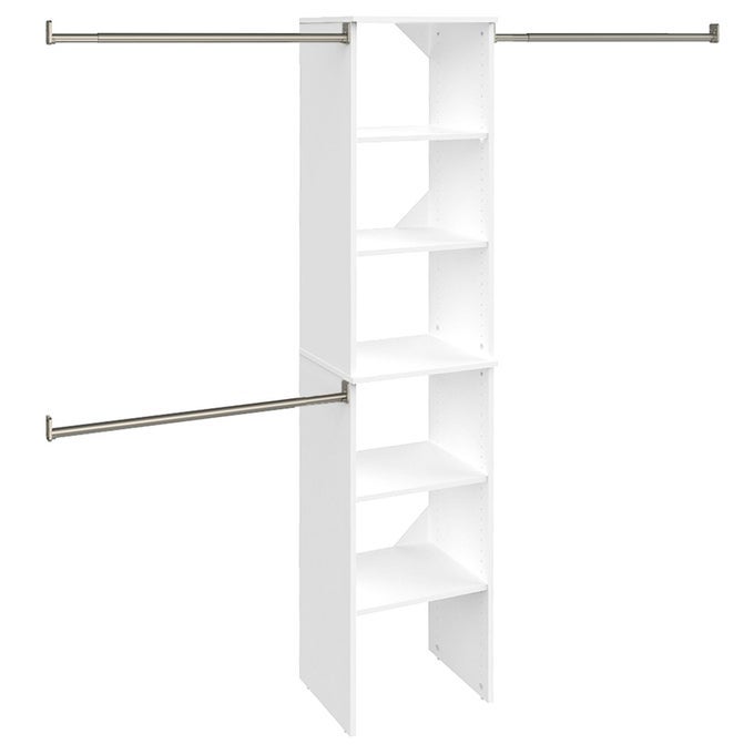 SUITESYMPHONY WOOD CLOSET ORGANIZER STARTER KIT WITH TOWER AND 3 HANG RODS SHELVES ADJUSTABLE FITS SPACES 4 9 FT WIDE ENGINEERED WOOD PURE WHITE 16
