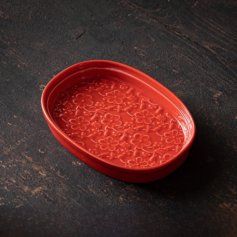 Vintage Ceramic Tea Tray Creative Lotus Snack PlateCherry Blossom Oval Disc [Chinese Red]] Cherry Blossom Oval Disc [Chinese Red]] 