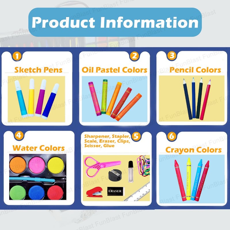FunBlast مجموعة ألوان الفنان من فن بلاست - صندوق ألوان يونيكورن، مجموعة تلوين متعددة، أقلام تلوين احترافية، باستيل زيتي، رسومات، ألوان مائية وفرشاة طلاء أكريليك (قد يختلف لون الصندوق) - Image 2