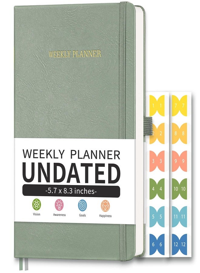 LOAPEM Undated Appointment Book, Hourly, Daily, 52 Weekly & 12 Monthly Planner, 6 AM - 8 PM, Medium Size (5.7" x 8.3"), Leather Hardcover, 12 Self-adhesive Monthly Tabs (Light Green) - Image 1
