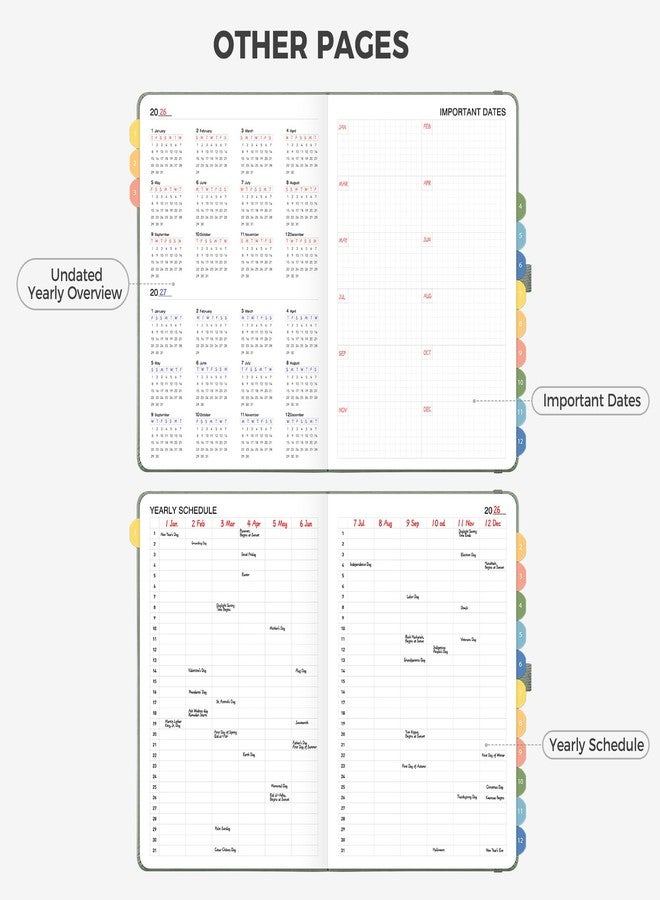 LOAPEM Undated Appointment Book, Hourly, Daily, 52 Weekly & 12 Monthly Planner, 6 AM - 8 PM, Medium Size (5.7" x 8.3"), Leather Hardcover, 12 Self-adhesive Monthly Tabs (Light Green) - Image 3