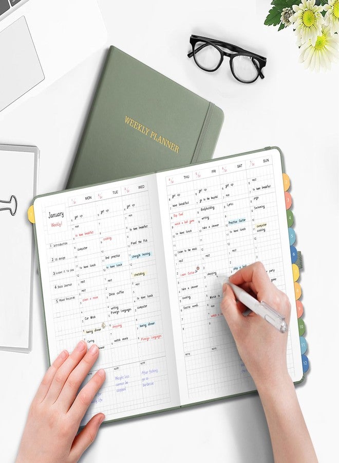 LOAPEM Undated Appointment Book, Hourly, Daily, 52 Weekly & 12 Monthly Planner, 6 AM - 8 PM, Medium Size (5.7" x 8.3"), Leather Hardcover, 12 Self-adhesive Monthly Tabs (Light Green) - Image 2