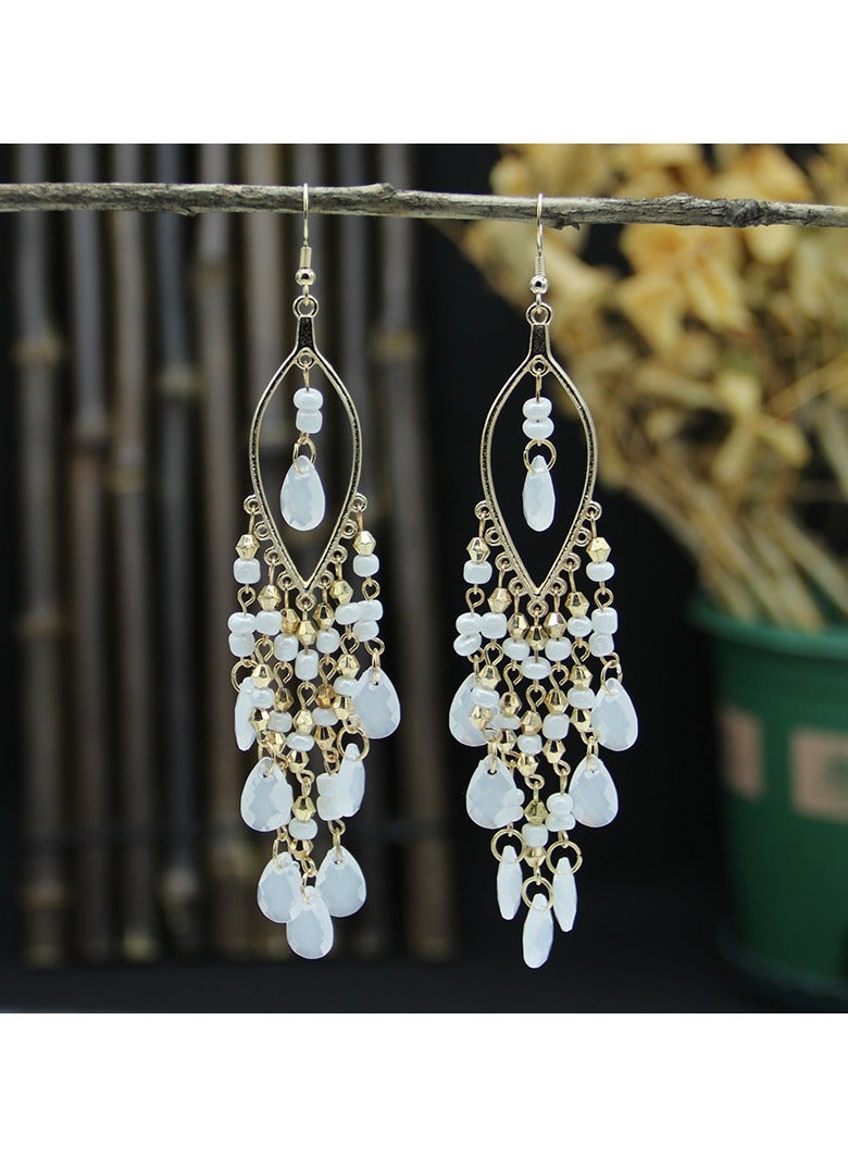 White Drops Tassel Long Earrings 