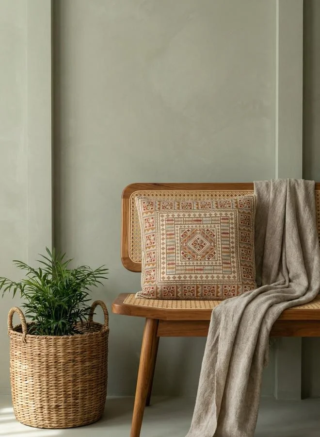 Sanskrutihomes Beige Ethnic Geo Cotton Cushion Cover, Medium