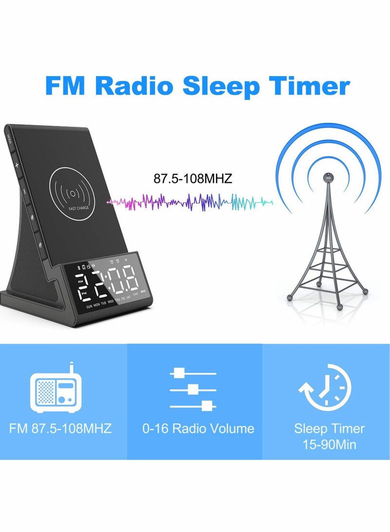 Captaintech Wireless Charging Alarm Clocks with FM Radio Bedside Bluetooth Speaker with USB Charger Adjustable Alarm Volume and Brightness Dimmer Snooze TF Card Play - Image 3