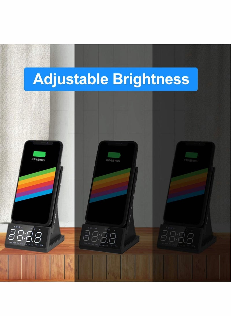 Captaintech Wireless Charging Alarm Clocks with FM Radio Bedside Bluetooth Speaker with USB Charger Adjustable Alarm Volume and Brightness Dimmer Snooze TF Card Play - Image 5