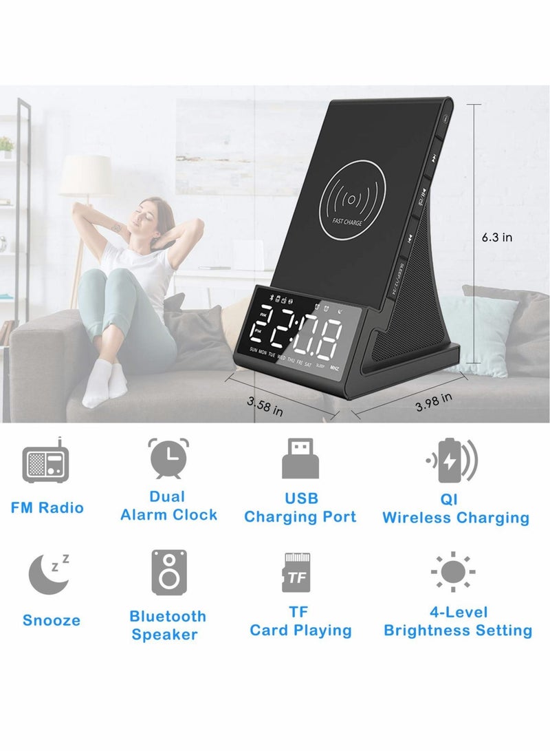 Captaintech Wireless Charging Alarm Clocks with FM Radio Bedside Bluetooth Speaker with USB Charger Adjustable Alarm Volume and Brightness Dimmer Snooze TF Card Play - Image 2
