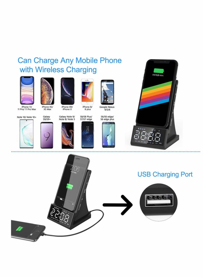 Captaintech Wireless Charging Alarm Clocks with FM Radio Bedside Bluetooth Speaker with USB Charger Adjustable Alarm Volume and Brightness Dimmer Snooze TF Card Play - Image 4