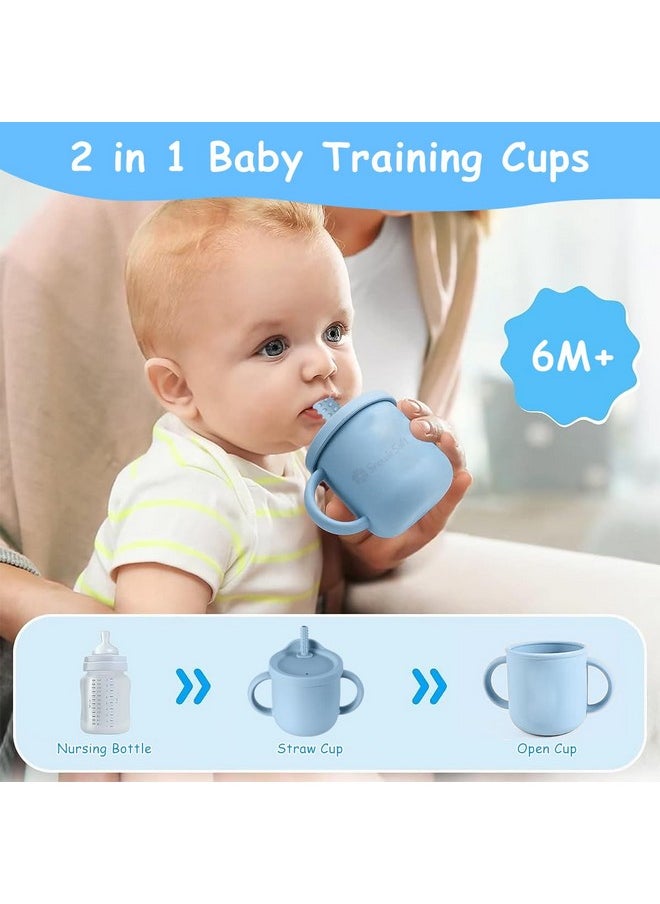 Snowie Soft - ® Silicone Sippy Cup With Straw Baby Cup Silicone Training Cup With 2 In 1 Lid, Teether Straw & Draining Lid, Bpa-Free Spill Proof Non-Slip Baby Straw Cups 6-12 Months Toddlers, 250Ml Blue - Image 1
