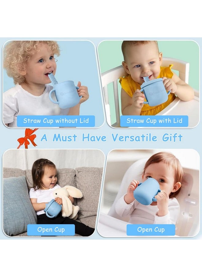 Snowie Soft - ® Silicone Sippy Cup With Straw Baby Cup Silicone Training Cup With 2 In 1 Lid, Teether Straw & Draining Lid, Bpa-Free Spill Proof Non-Slip Baby Straw Cups 6-12 Months Toddlers, 250Ml Blue - Image 1