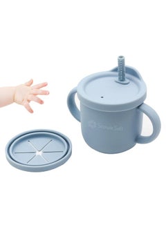 Snowie Soft ® Silicone Sippy Cup With Straw Baby Cup Silicone Training Cup With 2 In 1 Lid, Teether Straw & Draining Lid, Bpa-Free Spill Proof Non-Slip Baby Straw Cups 6-12 Months Toddlers, 250Ml Blue  - Image 1