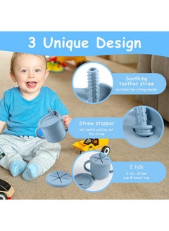 Snowie Soft ® Silicone Sippy Cup With Straw Baby Cup Silicone Training Cup With 2 In 1 Lid, Teether Straw & Draining Lid, Bpa-Free Spill Proof Non-Slip Baby Straw Cups 6-12 Months Toddlers, 250Ml Blue  - Image 2