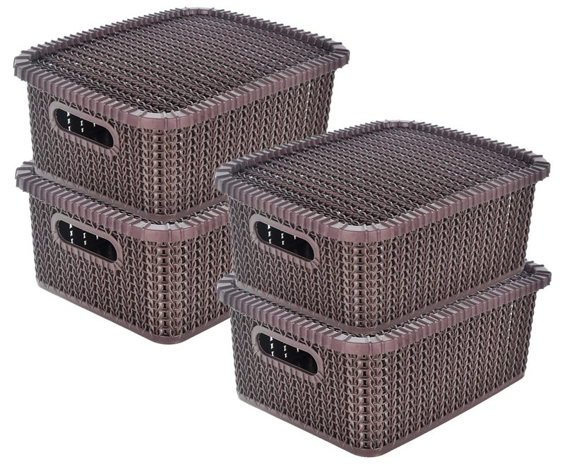 Kuber Industries Heart Home Multiuses Large M 20 Plastic Basket/Organizer With Lid- Pack of 4 (Brown) -46HH067 - Image 1