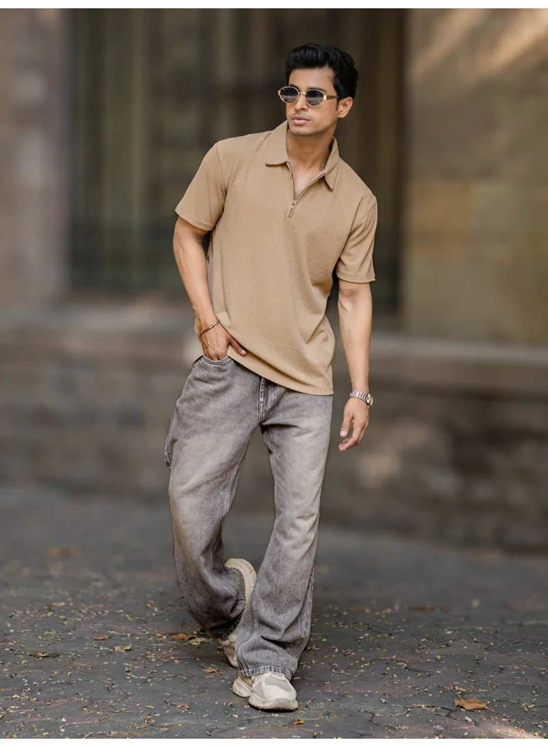 Maniac  Maniac Mens half zipper textured frank polo neck half sleeve biscuit cotton polo t-shirt for Men | Best Price UAE