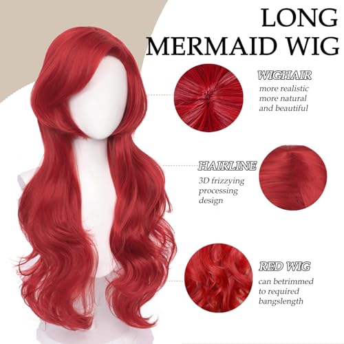 Probeauty Mermaid Wig Long Red Curly Body Wave Wig Halloween Cosplay Costume Wigs for Women+Wig Cap - Image 4