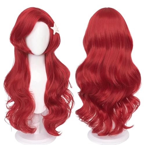 Probeauty Mermaid Wig Long Red Curly Body Wave Wig Halloween Cosplay Costume Wigs for Women+Wig Cap - Image 3