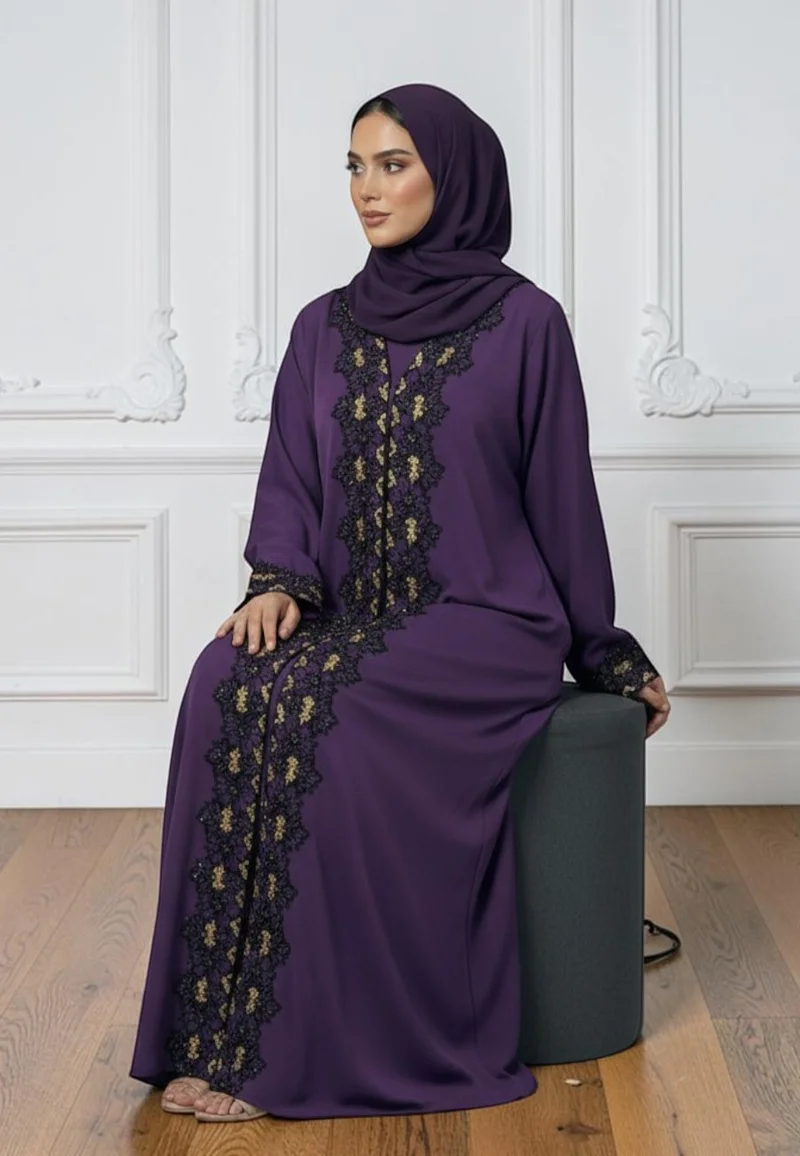 نخبة Plum Elegance Embroidered 2-Piece Abaya Set | Nida Fabric-2P864