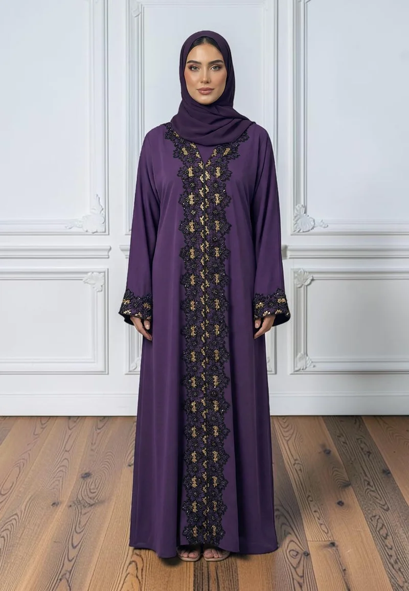 نخبة Plum Elegance Embroidered 2-Piece Abaya Set | Nida Fabric-2P864