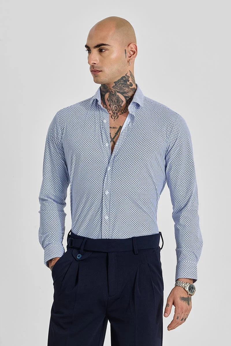 سنيتش White Geometric Long Sleeve Slim Fit Shirt