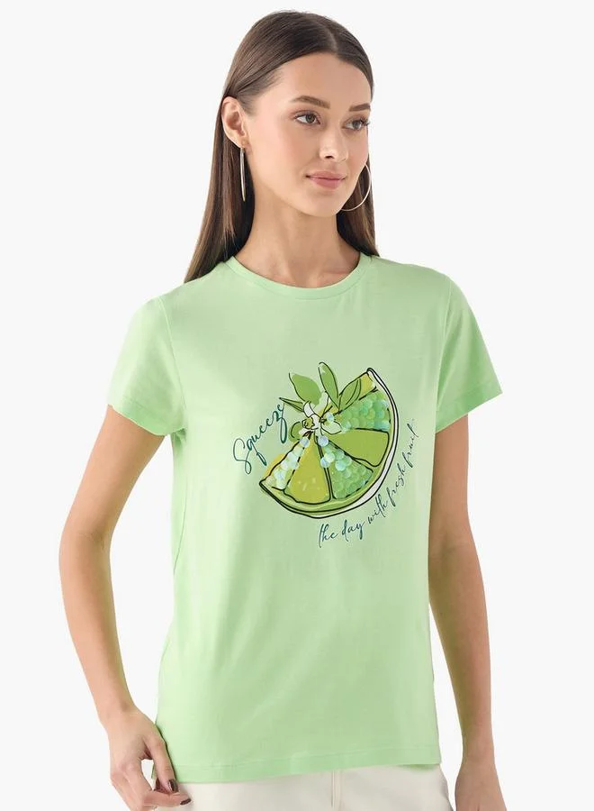 Splash FAV Embellished Crew Neck T-shirt with Short Sleeves