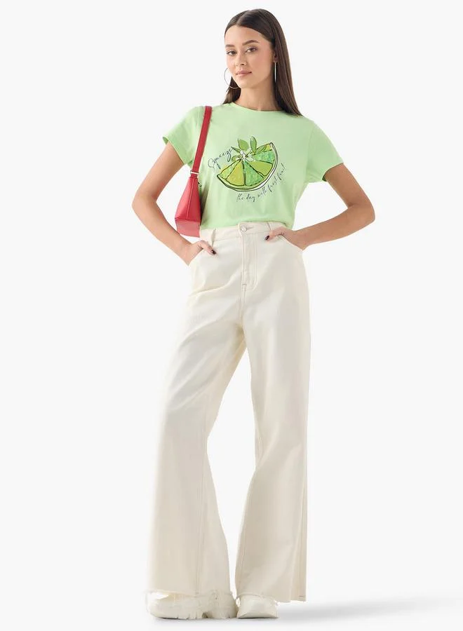 Splash FAV Embellished Crew Neck T-shirt with Short Sleeves