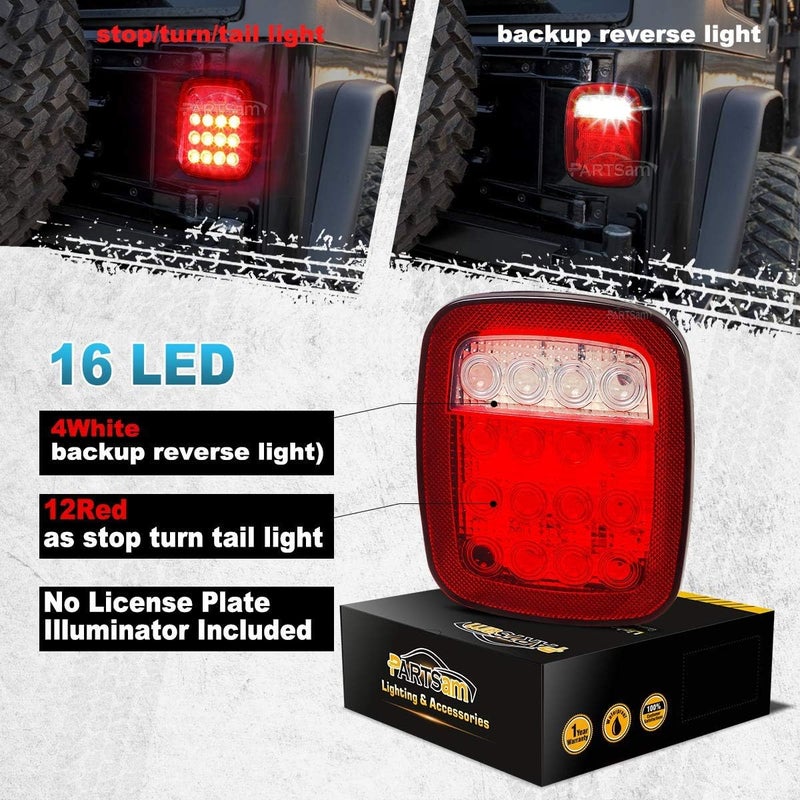 Partsam 2x Universal 16 LED Stop Tail Turn Signal Backup Reverse Brake Clearance Marker Lights Lamps Red/White Replacement for Jeep YJ JK CJ Truck Trailer Waterproof 12V - Image 4