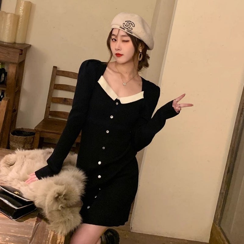 Small Fall/Winter dress Womens 2024 New Style Coat Inner Skirt Square Neck Small Chanel Style Base Knitted Skirt Red - Image 2