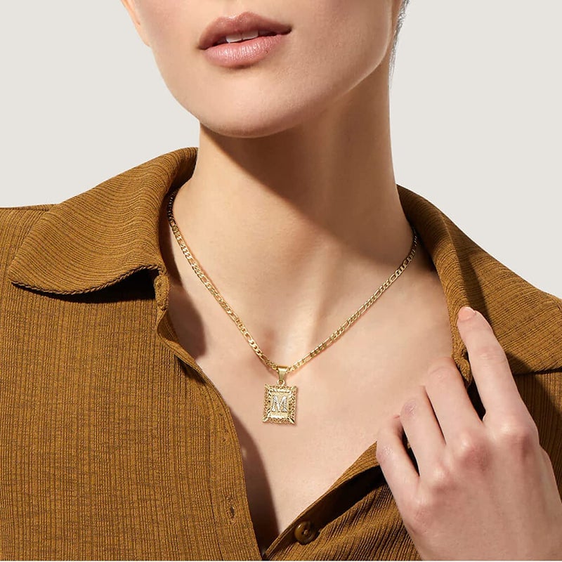 KissYan Initial Letter Pendant Necklace for Mens Womens, 14K Gold Plated Square Capital Monogram Necklaces Alhpabets from A-Z Figaro Chain Jewelry Gift(Hollow White Letter J) - Image 3