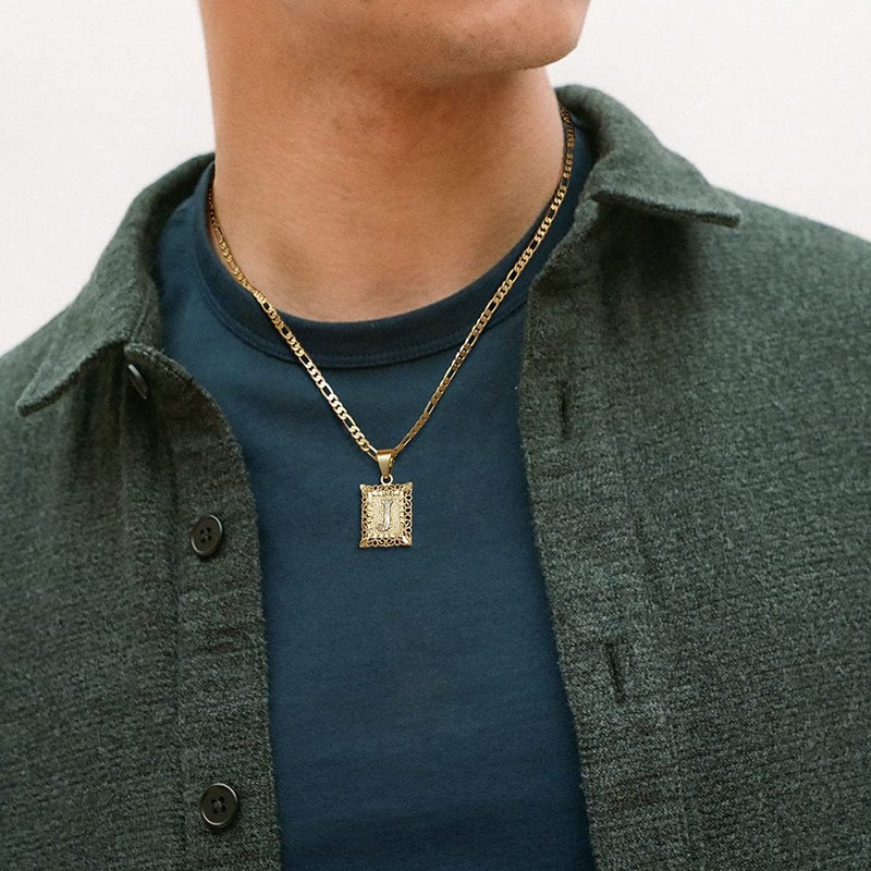 KissYan Initial Letter Pendant Necklace for Mens Womens, 14K Gold Plated Square Capital Monogram Necklaces Alhpabets from A-Z Figaro Chain Jewelry Gift(Hollow White Letter J) - Image 4