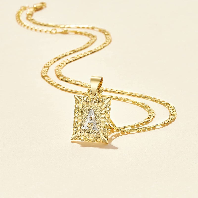 KissYan Initial Letter Pendant Necklace for Mens Womens, 14K Gold Plated Square Capital Monogram Necklaces Alhpabets from A-Z Figaro Chain Jewelry Gift(Hollow White Letter J) - Image 5