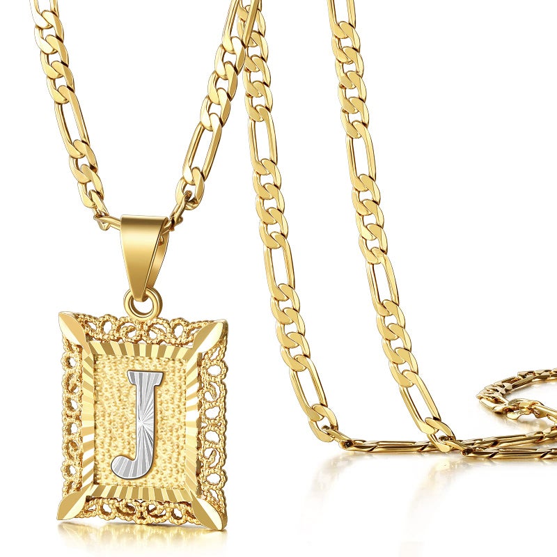 KissYan Initial Letter Pendant Necklace for Mens Womens, 14K Gold Plated Square Capital Monogram Necklaces Alhpabets from A-Z Figaro Chain Jewelry Gift(Hollow White Letter J) - Image 1