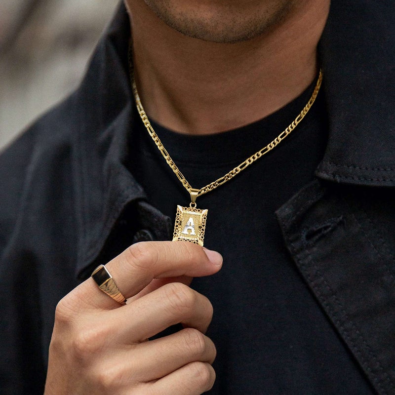 KissYan Initial Letter Pendant Necklace for Mens Womens, 14K Gold Plated Square Capital Monogram Necklaces Alhpabets from A-Z Figaro Chain Jewelry Gift(Hollow White Letter J) - Image 2