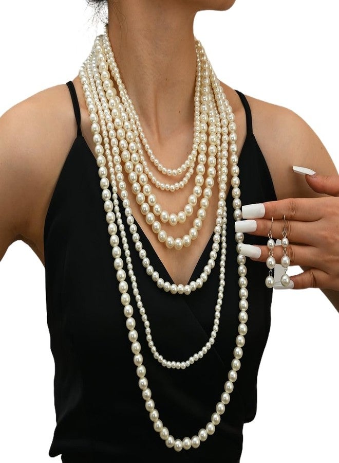 Bmirth Long Pearl Necklace Layered Pearls Necklace and Earrings Set Pearl Body Jewelry - Image 5