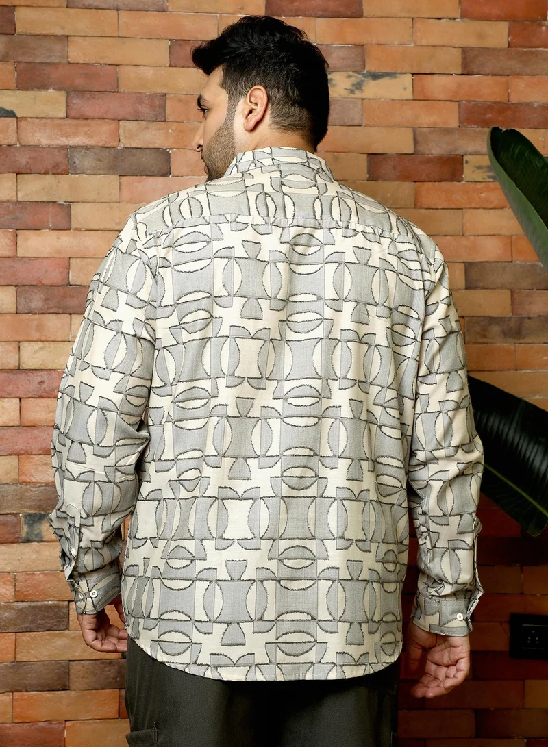 Instafab Plus  Instafab Plus Men's Coin Grey Geometric-Curve Jacquard Shirt | Spread Collar , Long Cuffed Sleeves , Button Closure , Curved Hemline | Geometric Jacquard Cotton-Blend For Evening & Party Wear for Men | Best Price UAE