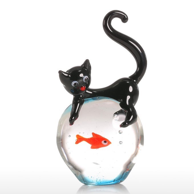 CAT AND GOLDFISH SCULPTURE GLASS ORNAMENT CAT FIGURINE HAND BLOWN CHRISTMAS BIRTHDAY GIFT BLACK RED