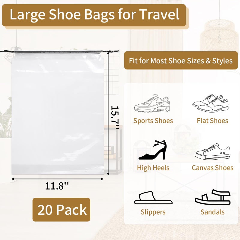 Coidea 20 Pack Shoe Bags for Travel, Clear Travel Shoe Bags for Packing, Large Waterproof Portable Drawstring Travel Shoe Storage Bag Travel Essentials Women for and Men - Image 2