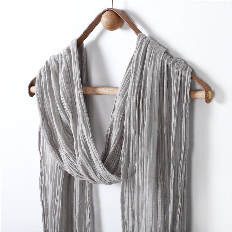 Spring and Summer Solid Color Washed Zen All-match Tassel Tie-dyed Cotton Slender Streaming Scarf Pleated Cotton and Linen Scarf - Image 2