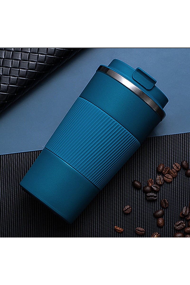 ترمس قهوة أزرق سعة 510 مل، مصنوع من الفولاذ المقاوم للصدأ 304 مزدوج السعة 380 مل/510 مل، مانع للتسرب، مانع للانزلاق، مناسب للاستخدام في السيارة.