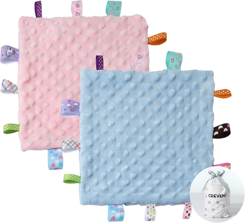 Tag Security Blankets for Babies, Soft Small Loveys for Boys, Baby Comforter Sensory Blanket, Great Gifts for Birthday Baby Shower (10"X10" Blue + Pink Tag) - Image 1