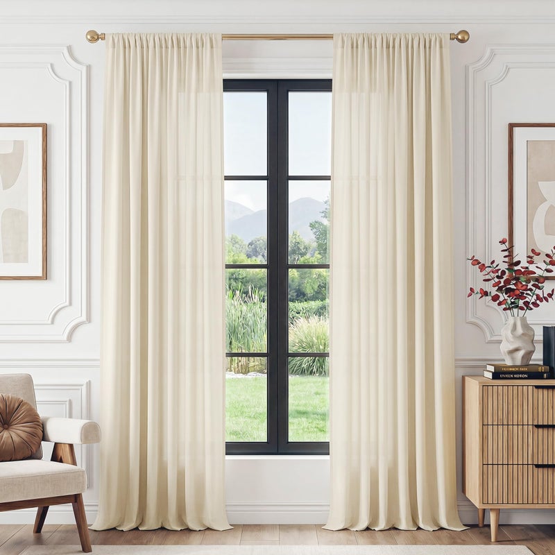 FMFUNCTEX Sheer Non-See-Through Butter Cream Curtains 108 inches Long for Living Room, Faux Silk That Let Light Curtains Light Filtering Privacy Sheer Window Drapes for Living Room, Rod Pocket 2Panels - Image 2