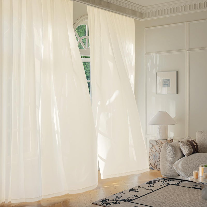 FMFUNCTEX Sheer Non-See-Through Butter Cream Curtains 108 inches Long for Living Room, Faux Silk That Let Light Curtains Light Filtering Privacy Sheer Window Drapes for Living Room, Rod Pocket 2Panels - Image 3