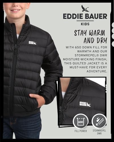Eddie Bauer Kids' Jacket - CirrusLite Weather Resistant Down Coat for Boys and Girls- Insulated Quilted Bubble Puffer (5-20), Size 7-8, Black Onyx - Image 5