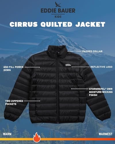 Eddie Bauer Kids' Jacket - CirrusLite Weather Resistant Down Coat for Boys and Girls- Insulated Quilted Bubble Puffer (5-20), Size 7-8, Black Onyx - Image 4