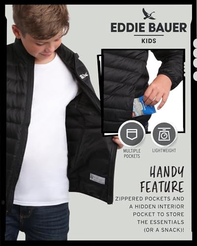Eddie Bauer Kids' Jacket - CirrusLite Weather Resistant Down Coat for Boys and Girls- Insulated Quilted Bubble Puffer (5-20), Size 7-8, Black Onyx - Image 2