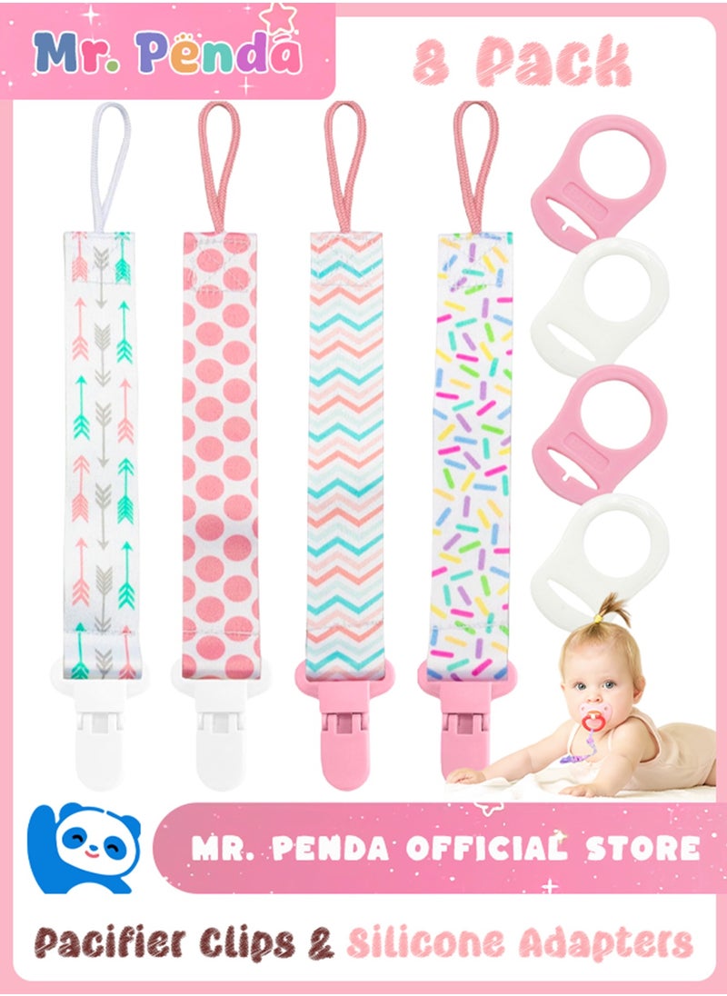 Mr. Penda 4 Pack Baby Pacifier Chain with 4 Adapters, Silicone Ring Adapter, Chain Straps for Pacifier Clip, Teething Toys for Baby (Pink)  - Image 1